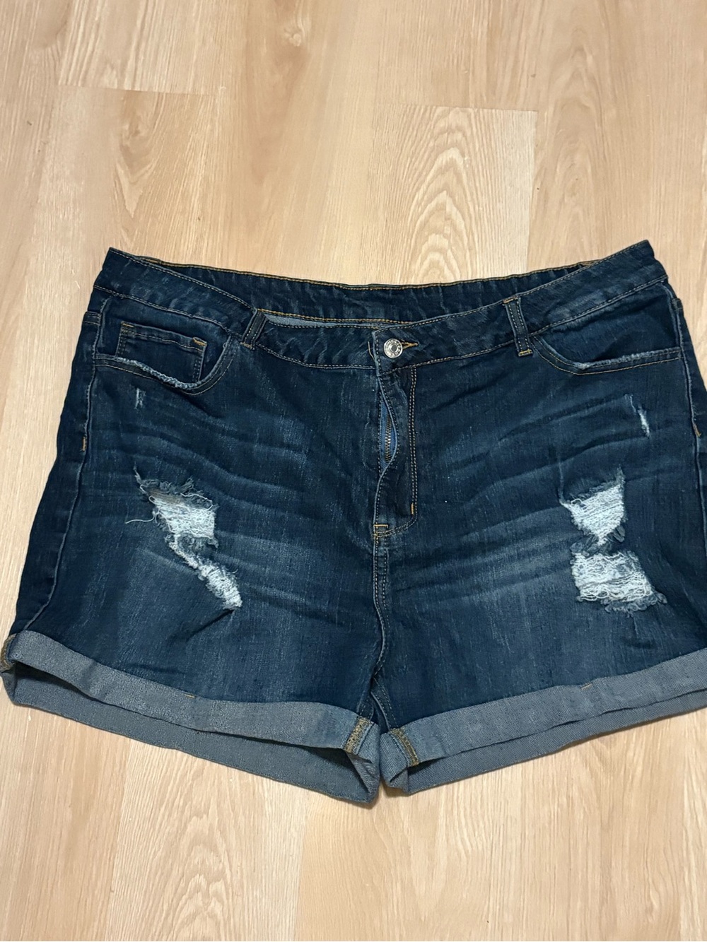 SHEIN Dark Blue Distressed Rolled-Hem Denim Shorts